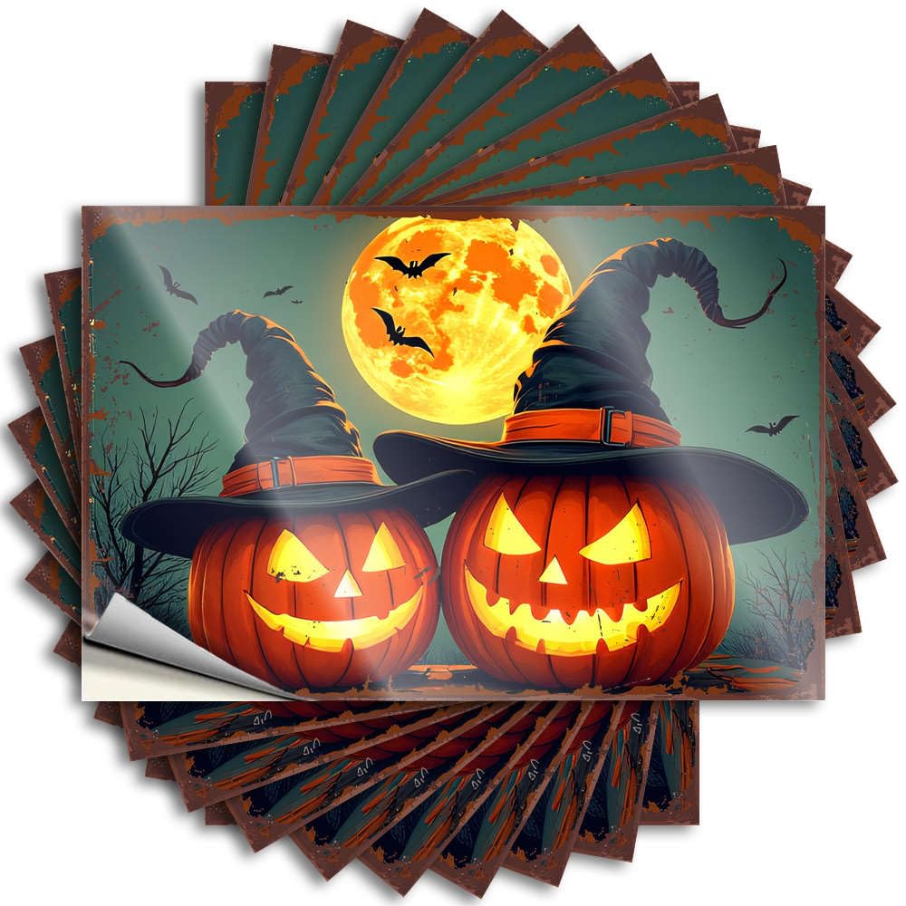 Spring, Tattoo Tumbler Two Pumpkins with Witch Hats Under A Full Moon | Paw Retro Room Decor(8X12CM)