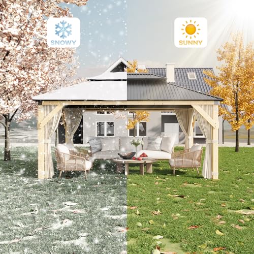 HarmonyHealth 12 x 16 Ft Wood Gazebo, Upgrade Wooden Frame, Double Galvanized Steel Roof, Hardtop Gazebo with Nettings and Curtains for Backyard, Patio, Garden and Lawn, Khaki - Image 4
