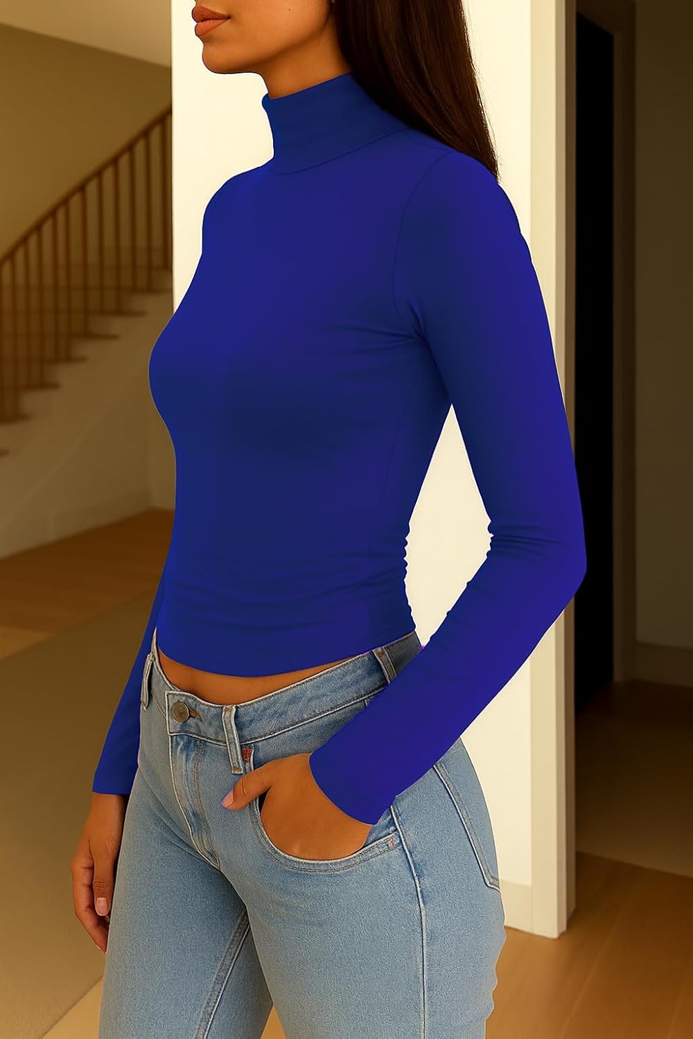 ForeFair Womens Turtleneck Mock Neck Long Sleeve Shirts Going Out Double Lined Crop Tops Slim Fitted Basic Tee - Image 2