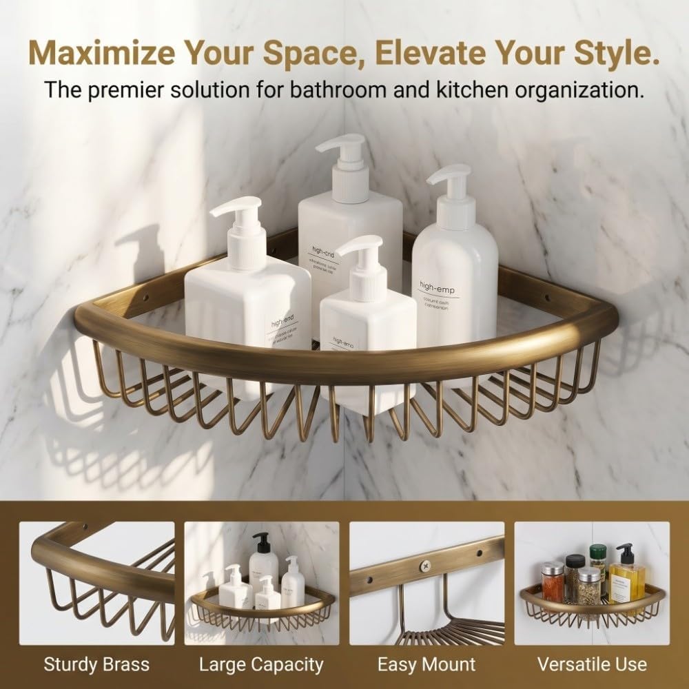 Vintage Brass Triangular Corner Shower Tray, Copper‑Constructed Wall‑Mount Drainage Storage Rack for Bathroom & Kitchen image 5