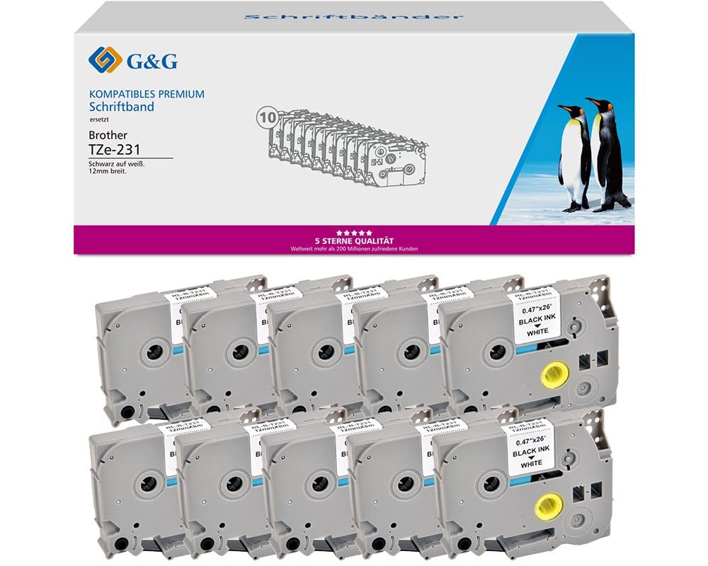 G&G Kompatibles Schriftband für Brother TZe-231 10x Schwarz auf Weiß 12mm x 8m Etikettenband für Brother P-touch H105 H110 1000 1005 1010 1280 D400 PT-H105 PT-H110