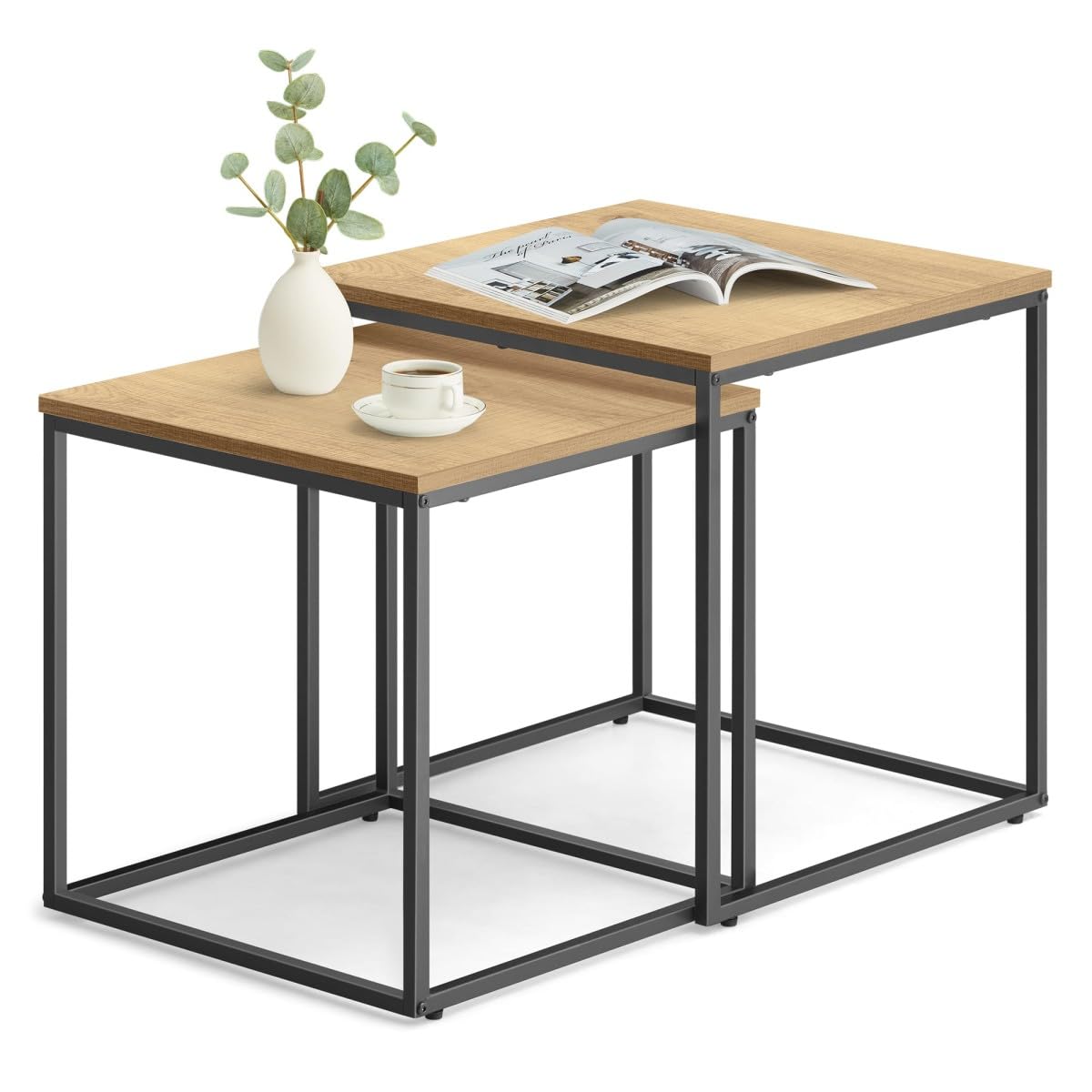 Mesa de Centro 50x50 cm, Juego de 2 mesas Nido cuadradas Efecto Roble, Patas de Metal Negro, diseño Industrial Ahorra Espacio para salón y Dormitorio