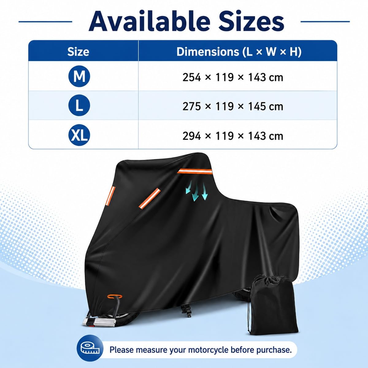 Funda Moto Impermeable Exterior Todas Las Estaciones, Cubierta de Moto Oxford con Orificio Antirrobo, Hebilla Cortaviento, Ventilación, Tiras Reflectantes y Bolsa