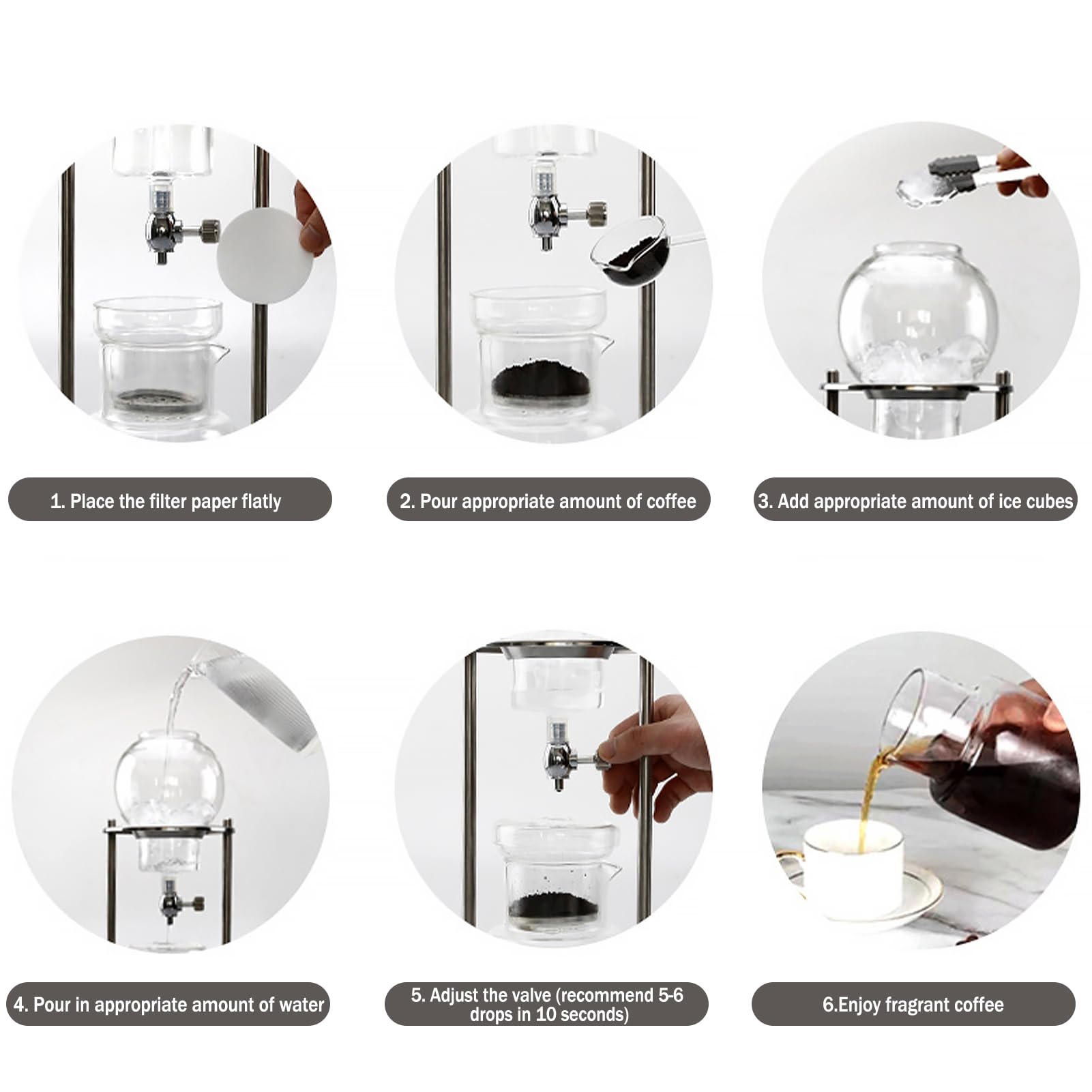 Ice Cold Brew Dripper Coffee Maker, Macchina caffè americano,Cold Brew Drip Tower 600ml Riutilizzabile Filtraggio in Vetro Supporto in Acciaio Inossidabile Trasparente DIY Ice Coffee Brew Tower