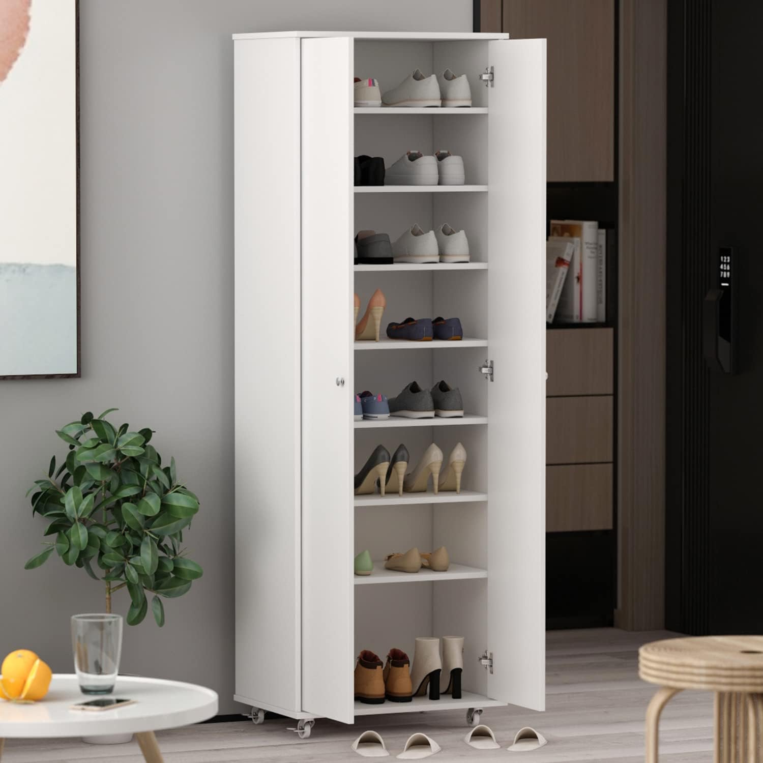 ECACAD Tall Shoe Storage Cabinet with 2 Doors, Shelves & Wheels, 8-Tier Wood Shoe Rack Organizer for Entryway, Hallway & Living Room, White