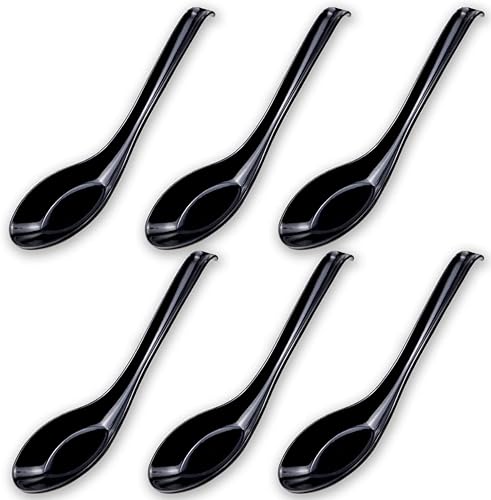 DOERDO 6 cucharas de sopa de estilo japonés, cucharas de sopa asiáticas chinas con mango largo para mezclar cocina, hornear, cocinar, negro