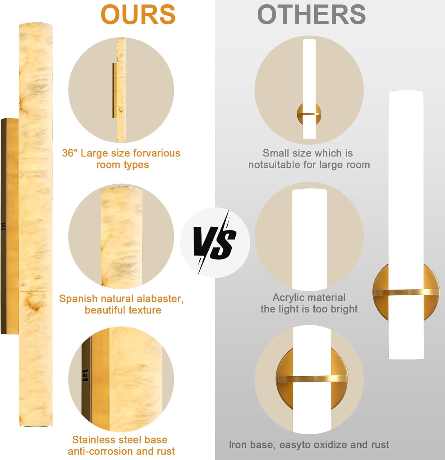 Natural Alabaster Wall Sconces, 36" Large Bronze Wall Sconce, Modern Gold LED Sconce, Cylinder Spanish Marble Sconces Perfect for Living Room, Bedroom, Hallway, Stairs