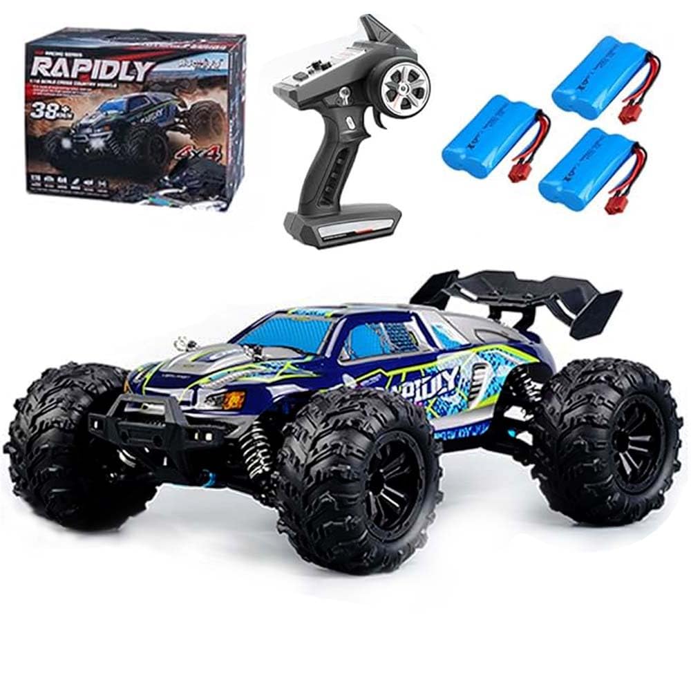 Auto telecomandata, 1:16 50 km/h, auto RC, 4 WD All Terrain Off-Road, 2.4GHz Monster Truck telecomandato per adulti, motore con spazzole di carbonio, Blu (3 batterie)