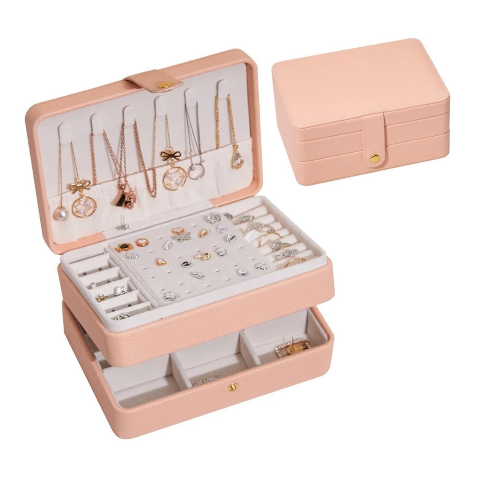 ZHAOQIN Jewellery Box Velvet Jewelry Box Organizer Display Button PU Portable Earring Necklace Ring Travel(Pu Pink)