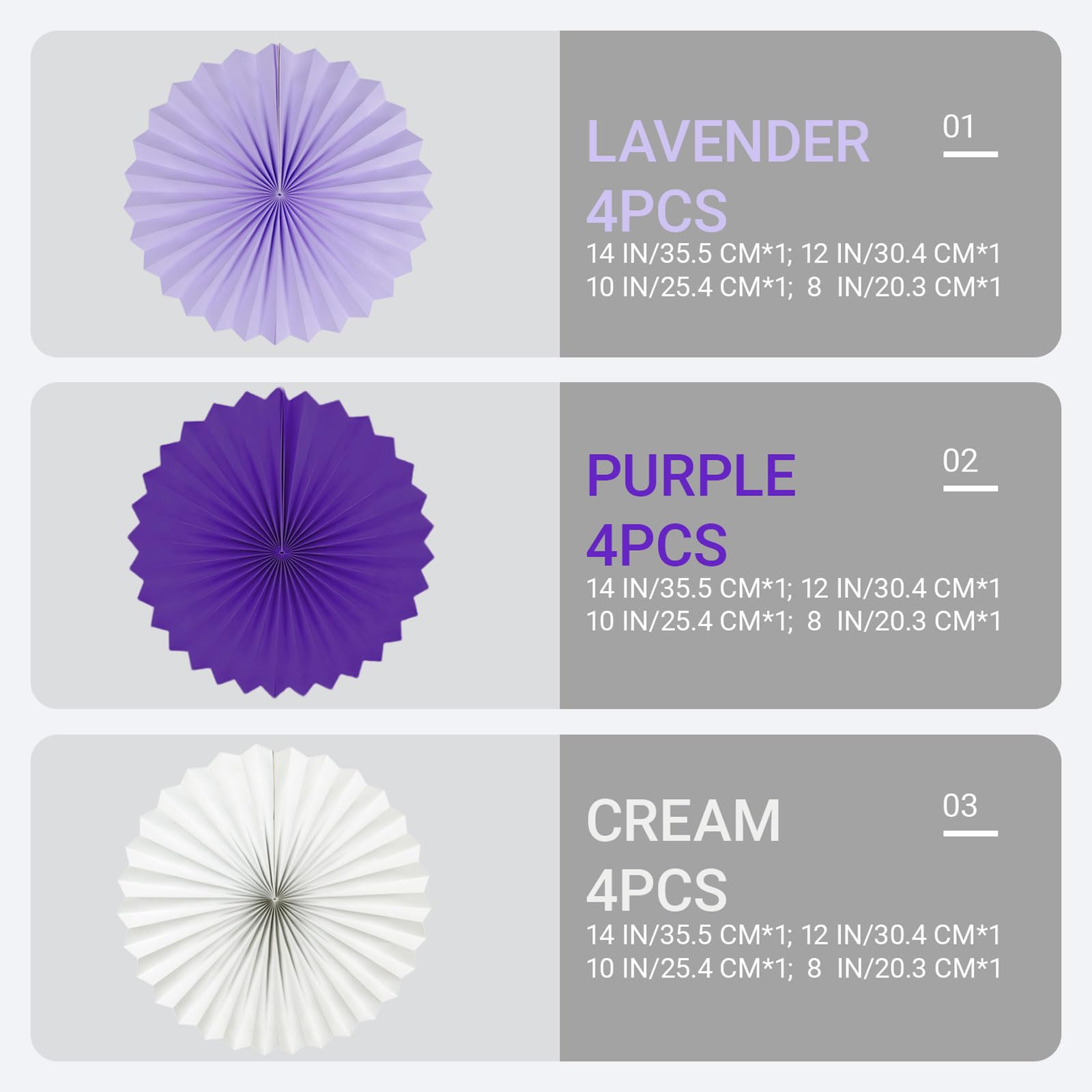 AimtoHome Paper Round Fan Party Decorations, Purple Lavender and White Hanging Fans for Mermaid, Birthday Party, Wedding,Baby Shower, Graduation Events,Set of 12(8