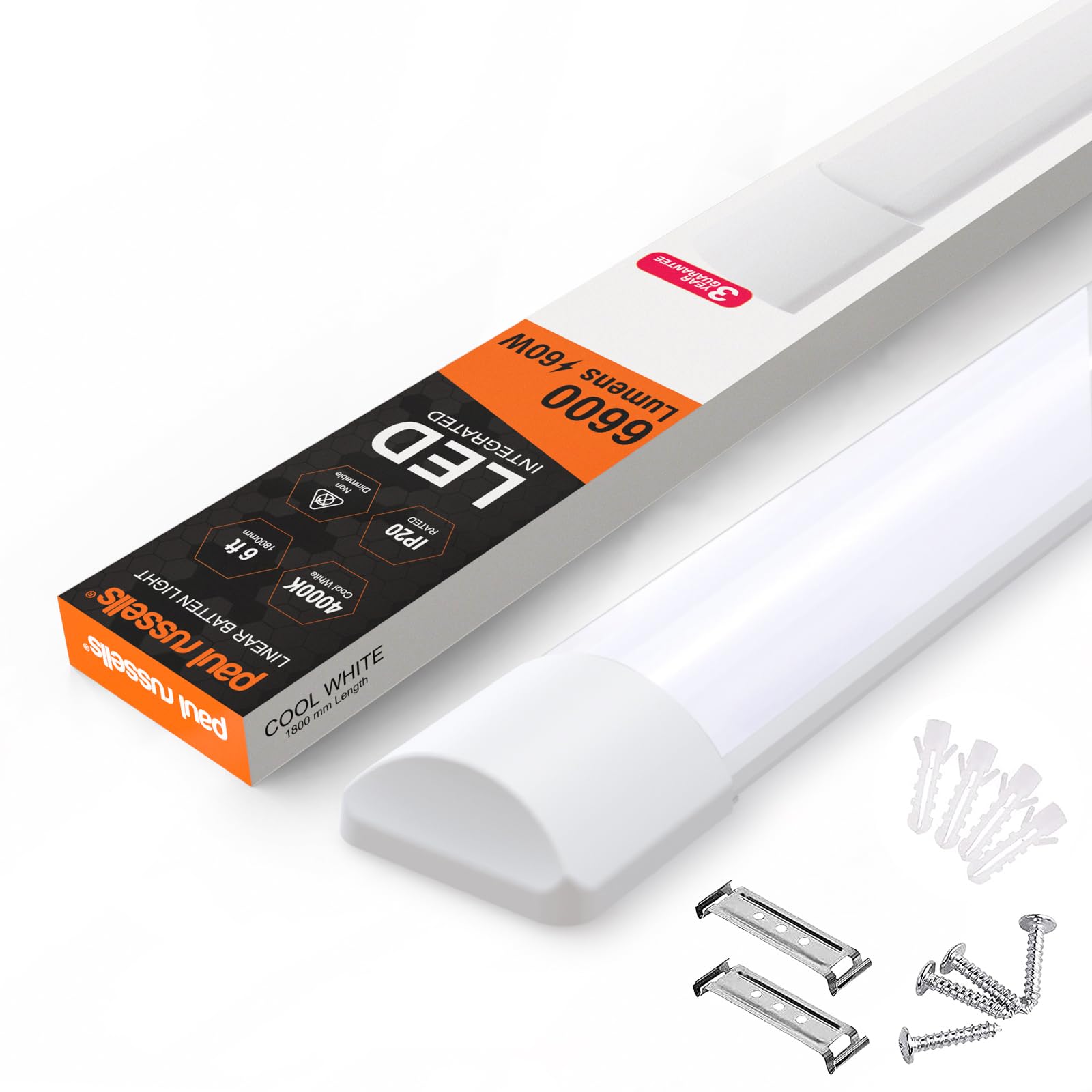 Paul Russells Cool White - 4000K 6Ft Led Batten Light, Ceiling Fitting Tube Light, 4000K Cool White, 60W, 6600 Lumens, Light For Office, Bathroom, Kitchen, Garage, Warehouse Fluorescent Lighting Replacement, 1 Pack