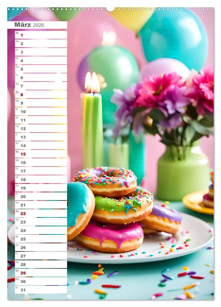 Donuts and Birthdays, süßer Geburtstagskalender mit bunte KI Donuts (Wandkalender 2026 DIN A2 hoch), CALVENDO Monatskalender: Süße Geburtstage. Ein Jahr voller bunter Donuts. (CALVENDO Lifestyle)