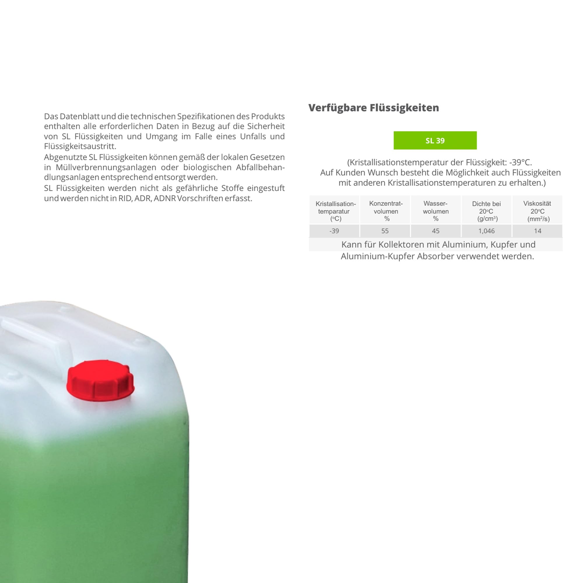 SUNEX Solarflüssigkeit 20L grün -39°C Frostschutz Propylenglykol Solarfluid Korrosionsschutz Wärmeträger