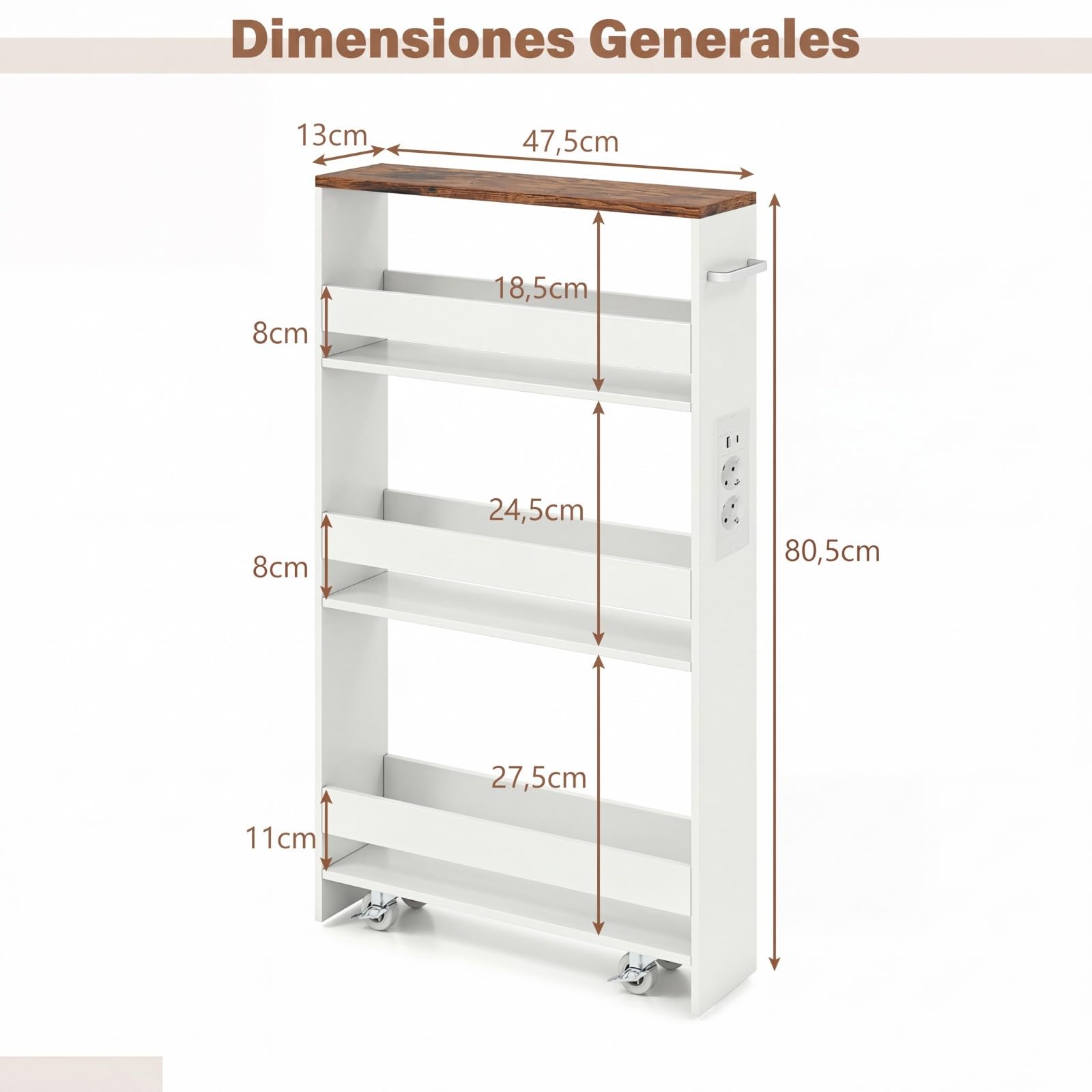 GOPLUS Carrito Auxiliar con Ruedas de 4 Niveles, Carro de Almacenamiento Estrecho con con Asa Lateral y Barandillas, Carro de Servicio Compacto con Enchufes, 47 x 13 x 80 cm (Blanco y Marrón)