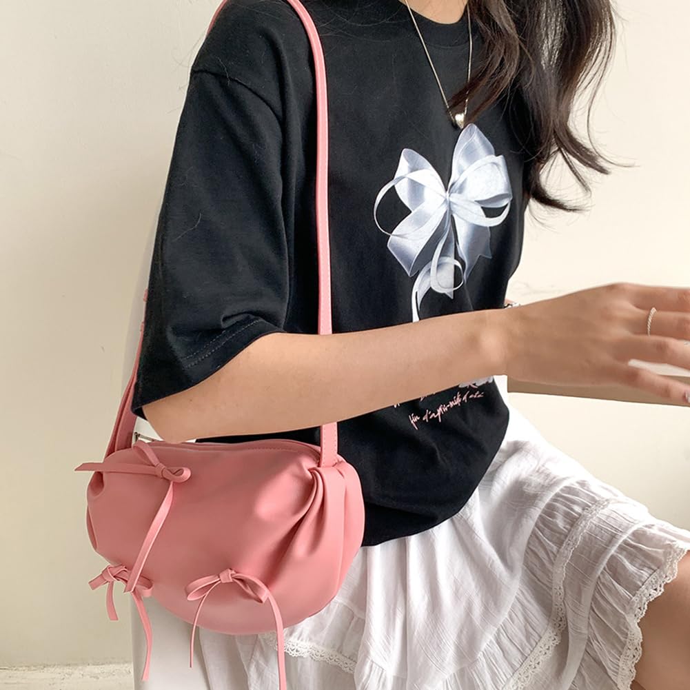 Bolso de mano plisado de moda en color sólido con lazo para mujer, de piel sintética