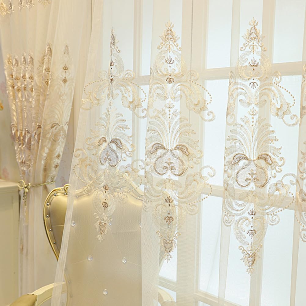 Beige Vorhang Wohnzimmer Schlafzimmer Transparent Ösen 3D Barock Vintage | Luxus Ösenvorhang Gardinen Halbtransparent Ösenschal Dekoschal Gardinenschal 2er-Pack 140x245