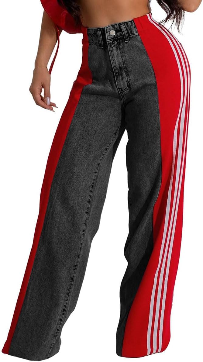 knowfashionstyle Womens Jeans High Waisted Wide Leg Patchwork Stripes Stretchy Jean Color Block Straight Trendy Demin Pants