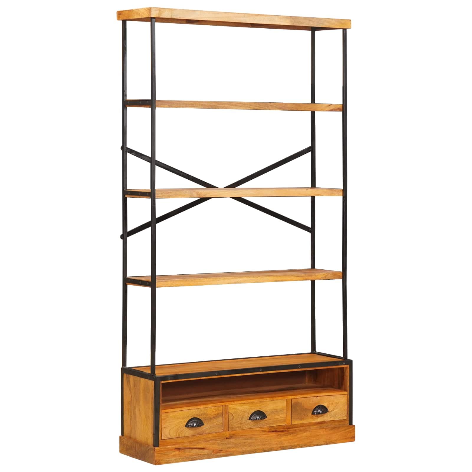 5-stufiges Bücherschrank Natur 100 x 30 x 180 cm aus Mango-Holz sowie Stahl geeignet für Wohnzimmer, Büro sowie Schlafraum, platzsparender Stauraum Organizer inklusive 3 Schubladen sowie