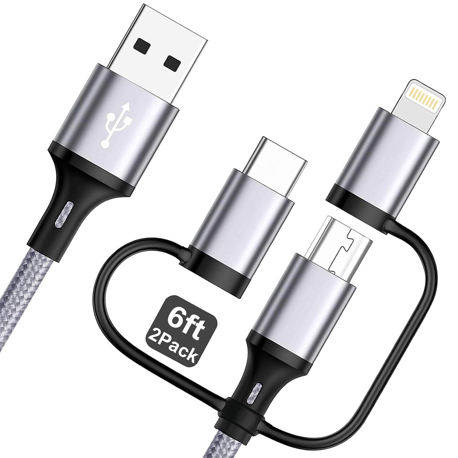 Multi Fast Charging Cable MFi Certified 3 in 1 Nylon Braided Multi Charger with Lightning/USB C/Micro USB Charge Sync Charger Cable for iPhone,iPad,Samsung Galaxy,Huawei,LG,Sony,HTC,OnePlus(2Pack/6ft)