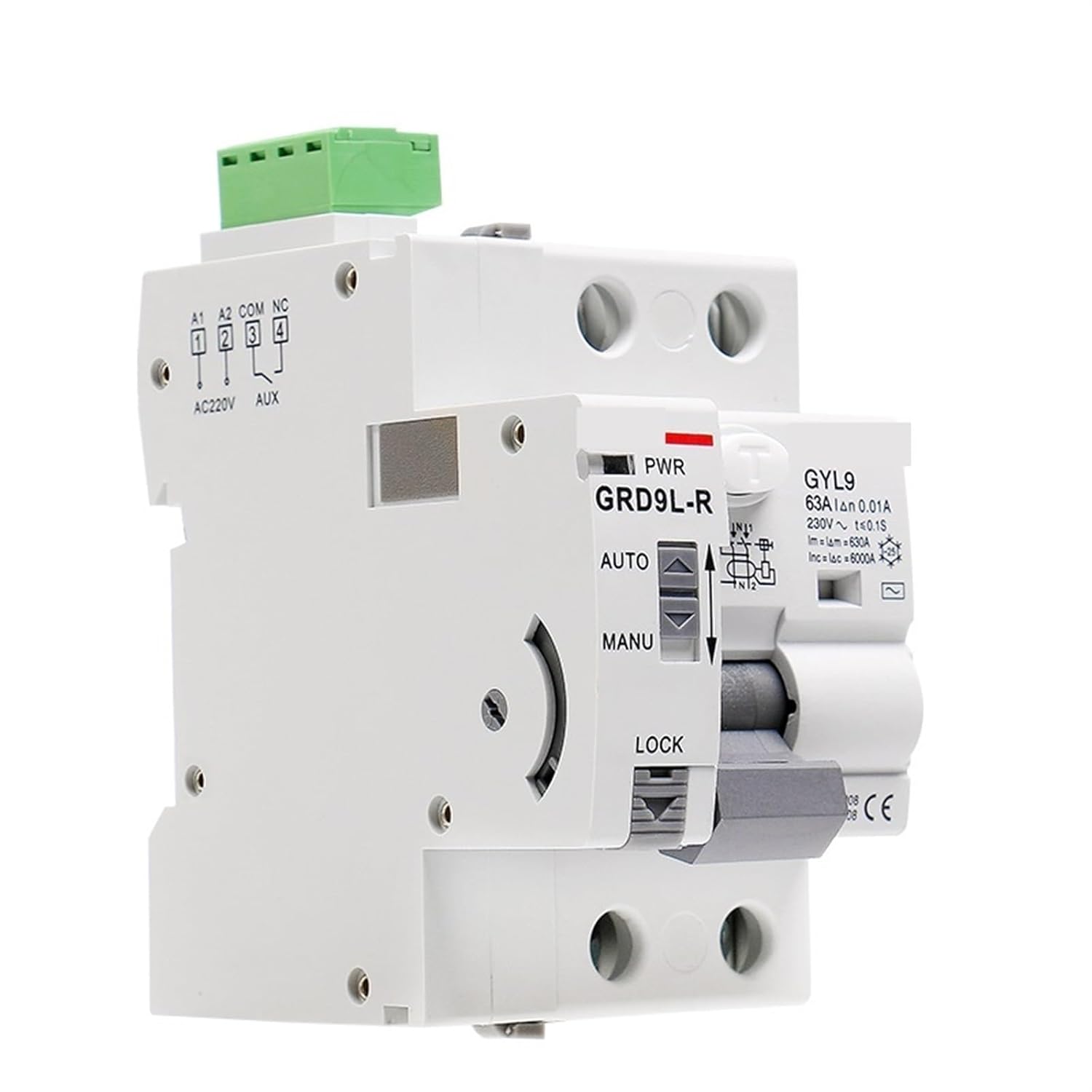 GRD9L-R 6KA ELCB RCCB Automatic Reclosing Device Circuit Breaker 2P 4P 40A 63A 30mA 100mA 300mA RCD AC Type 1Pcs(GRD9L-R-DC12V,2P 63A 30mA RCCB AC)
