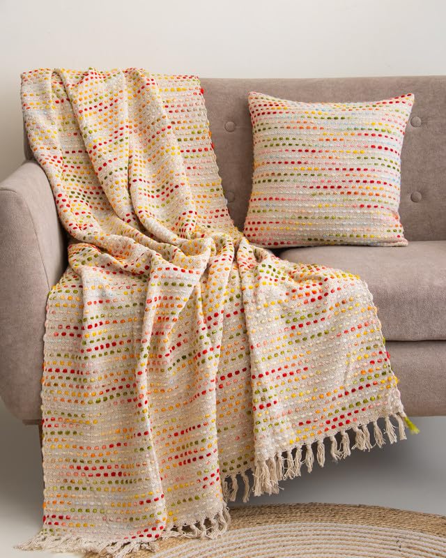 Image of Multicolor Hand Woven Sofa Throw (50x70 Inches) with 2 Pcs Cushion Cover(16x16 Inch) Soft Lightweight Thrower for Couch, Living Room & Bed (Pack of 3)
