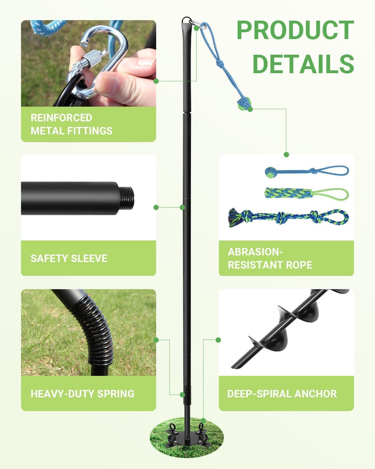 Juguete para perros de 78.7 cm a 198.1 cm, 3 cuerdas reemplazables y anclaje en espiral, 4 postes de resorte duraderos para perros grandes, medianos y pequeños