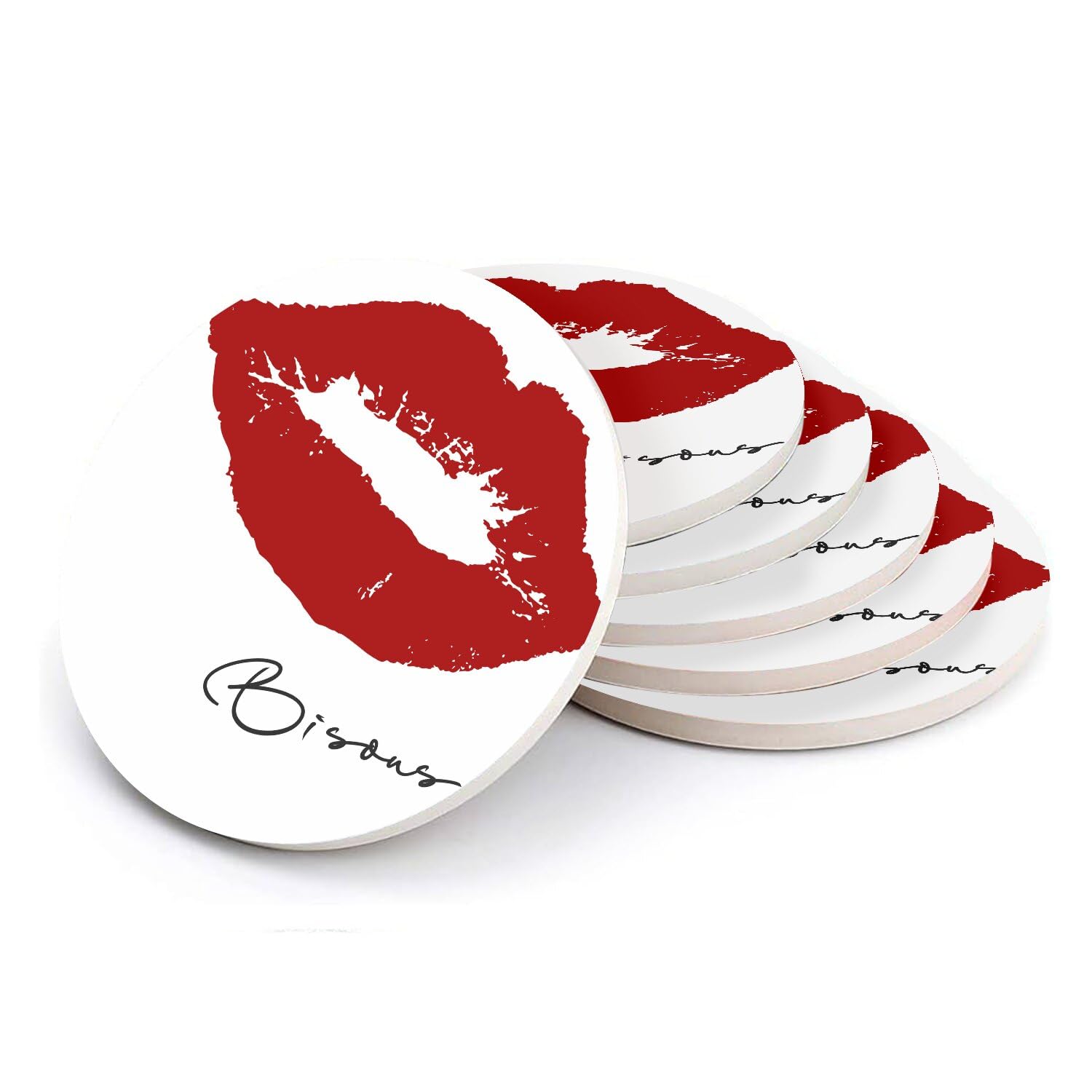 Sous-verre ronds en céramique Bisous Lèvres Rouges protège table x6