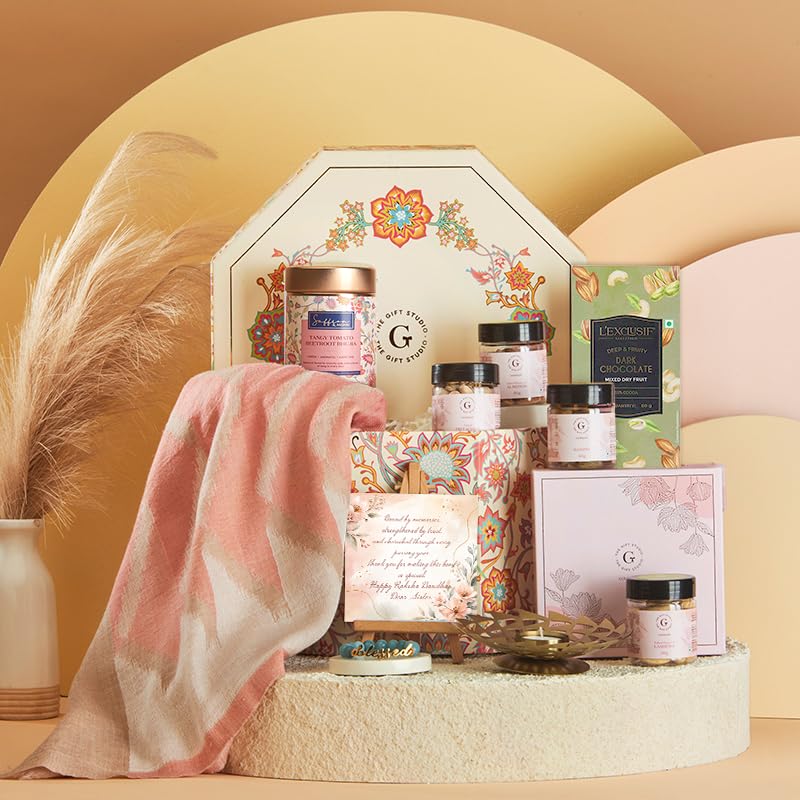 THE GIFT STUDIO.COM | Regal Threads Return Gift Hamper for Sister | Pashmina Stole, Sodalite Bracelet, Dry Fruit Box & Premium Gift Box | Raksha Bandhan Gift-image-36