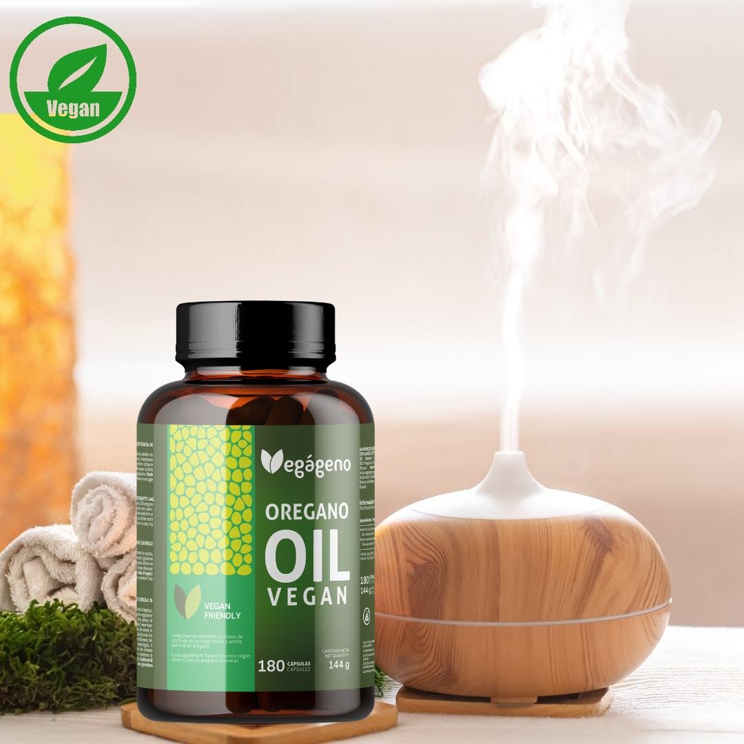 VEGAGENO - Olio Essenziale di Origano | 180 Capsule, 200mg per capsula, con OMEGA 9 Integratore Alimentare a Base di olio Extravergine di Oliva e Olio Essenziale Origano, e Carvacrolo. Adatto Vegani