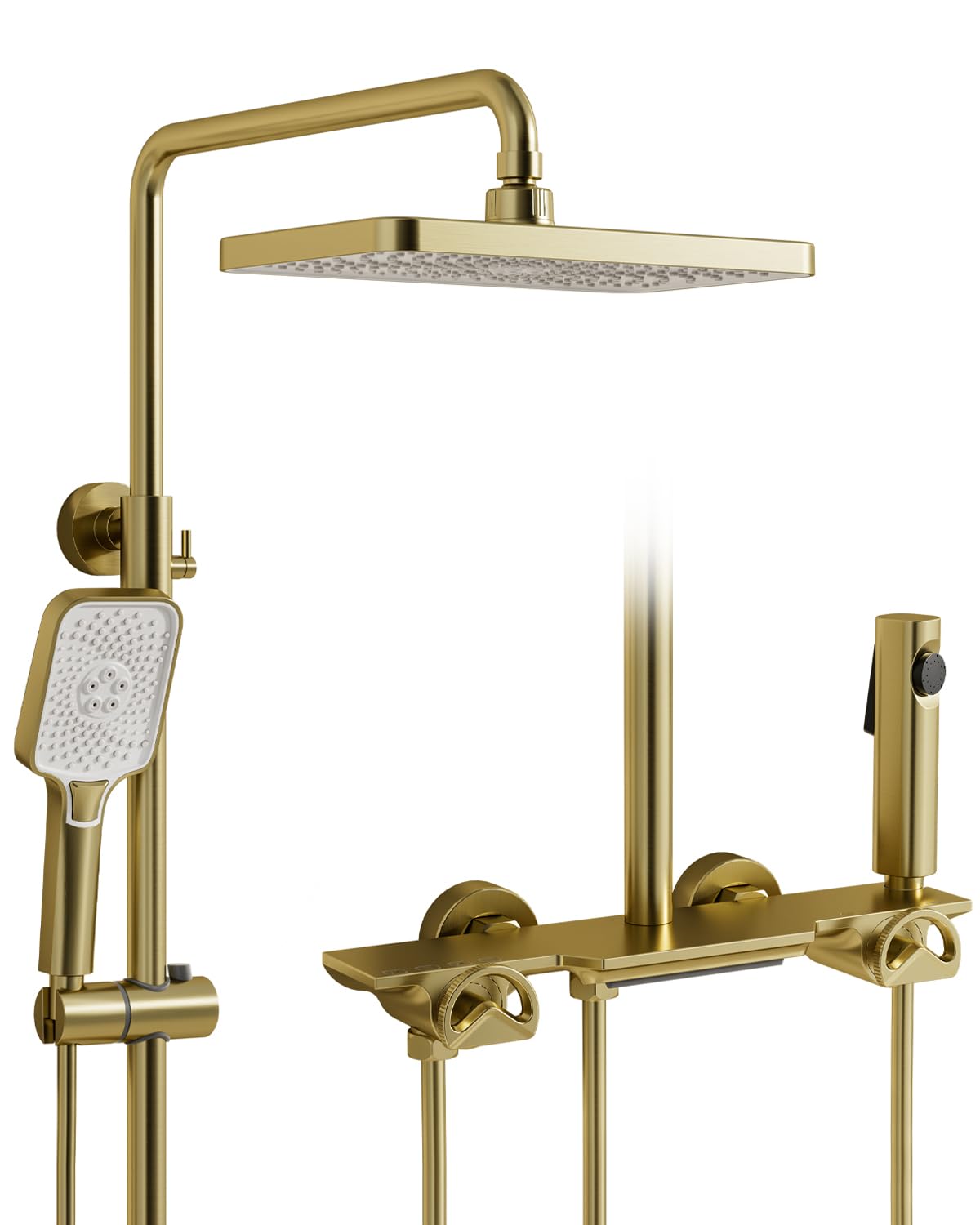Colonne de douche, ensemble de colonne de douche 4-en-1 en or brossé | Pomme de douche rectangulaire à effet pluie 300 × 180 mm, orientable à 360°, douchette à main 3 modes, avec accessoires