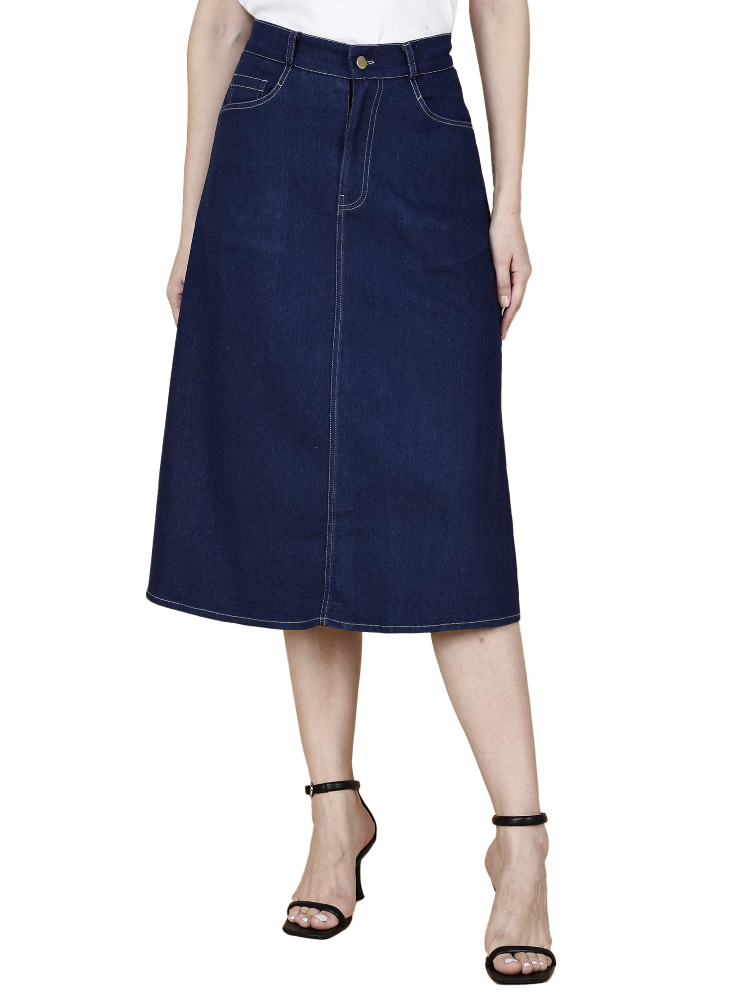 Women High Waist Denim Midi Skirt | A-Line Long Skirt with Pockets-image-28