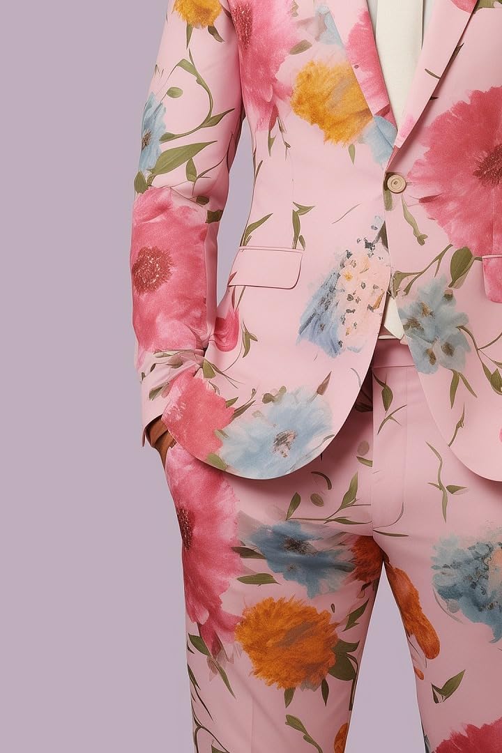 da Uomo 2 Pezzi Acquerello Floreale Stampa Abito Rosa Grande Fiore Blazer Pantaloni