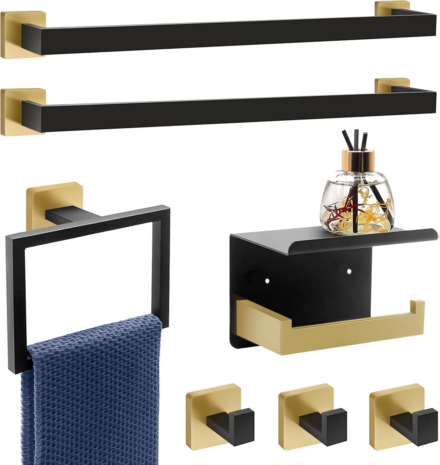 7-Piece Bathroom Set - Black & Gold Accessories Set - Square Towel Bar 2x23'', Hand Towel Rack, Toilet Paper Holder, 3x Towel Hook, Bathroom Hardware Black and Gold 23 IN
