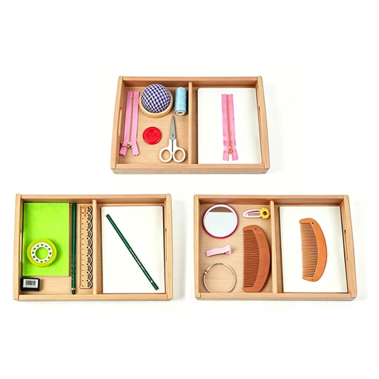 Montessori-Sprachzuordnung-Arbeitsset mit geteilter Holztasche, Näh-/Frisier-/Schreibstation-Zuordnungsset,A