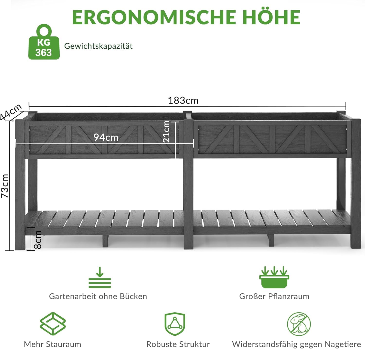 Orto Alto 183x44x73cm, Fioriera Esterna Elevata con Ripiano, Resistente alle Intemperie, 6 Ganci e 2 Fodere Non Tessute