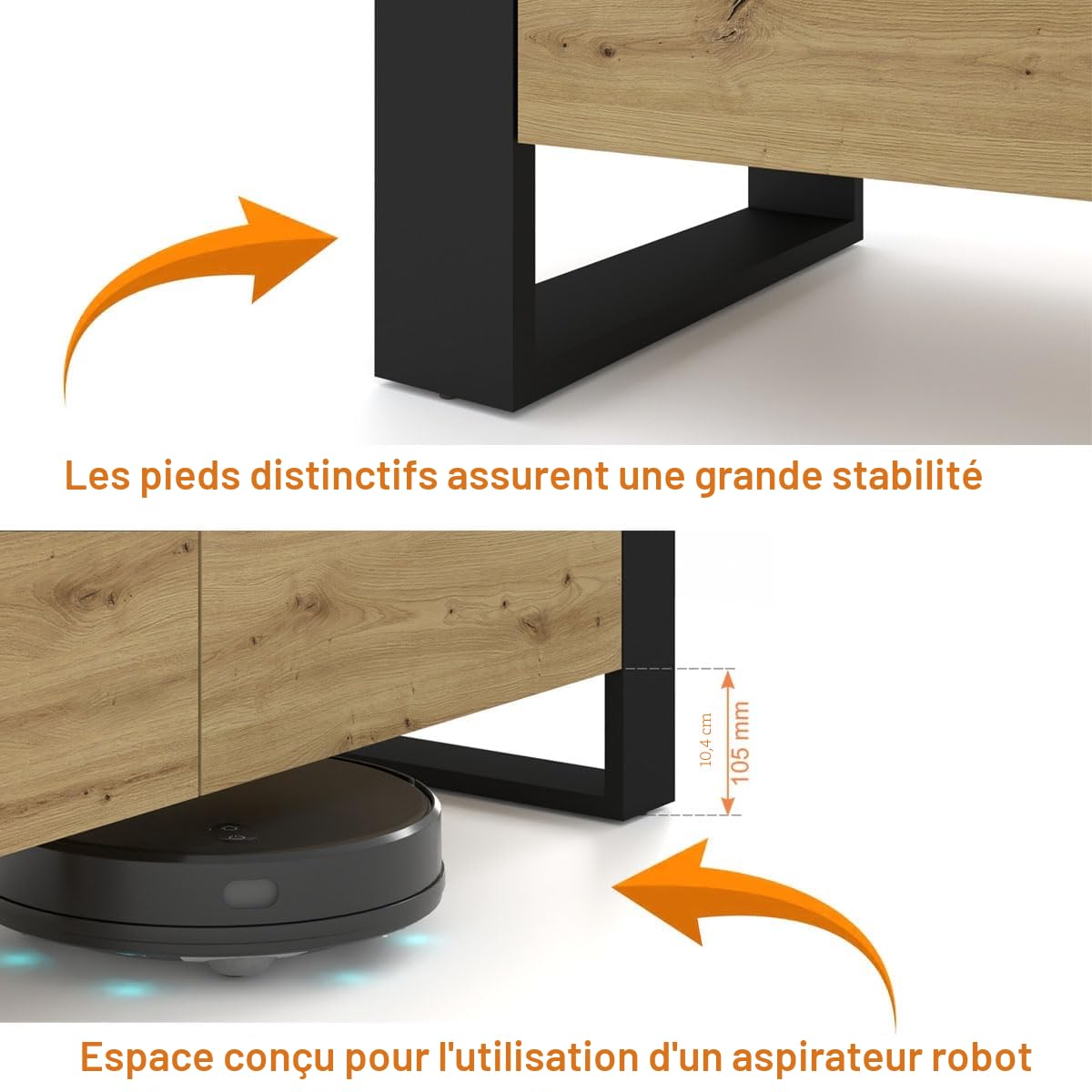 Meuble TV pour téléviseur jusqu'à 70" Moderne, 3 Portes idéal pour Salon Chambre, Banc TV,1 Niche Ouverte et Passe Câbles Intégré Chêne Artisan L 200 X P 43 X H 48 cm Nuka