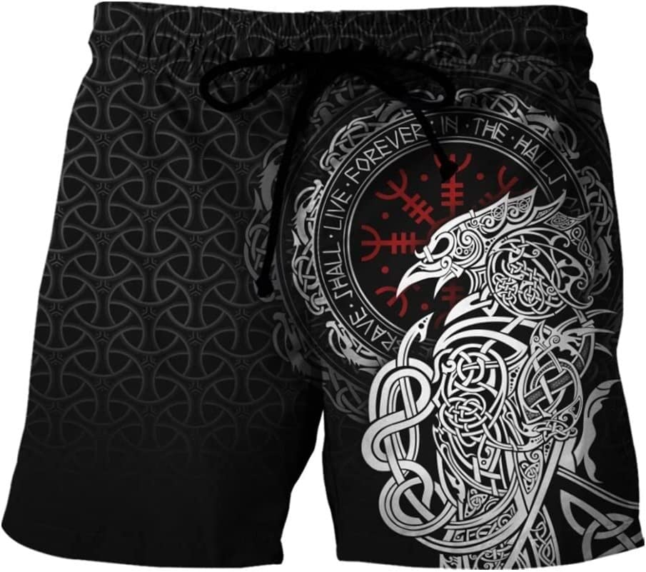 Viking Athletic Shorts With Pockets Norse Crow Totem Casual Running Shorts Swimming Trunks 3D Print Beach Shorts