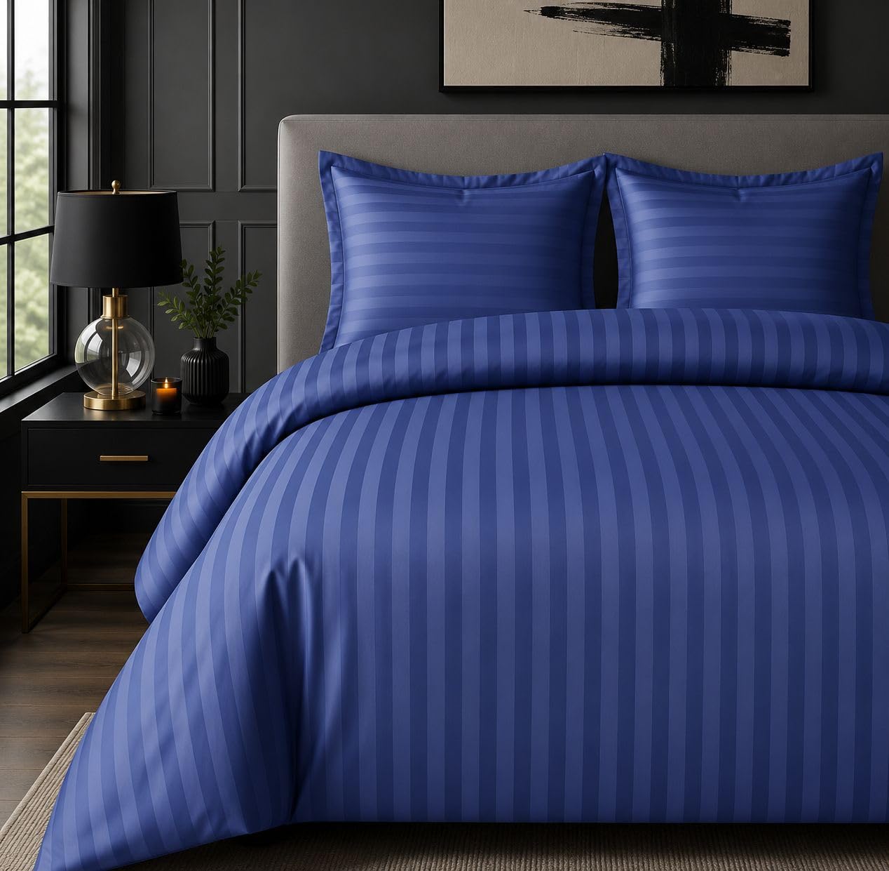 Casabella Satin Stripe Duvet Cover Sets, Luxurious Single Navy Bedding with Stripes,Single Duvet Cover Set,Hotel Quality Single Duvet Set & Pillowcases,Navy Satin Stripe Single Bedding Sets