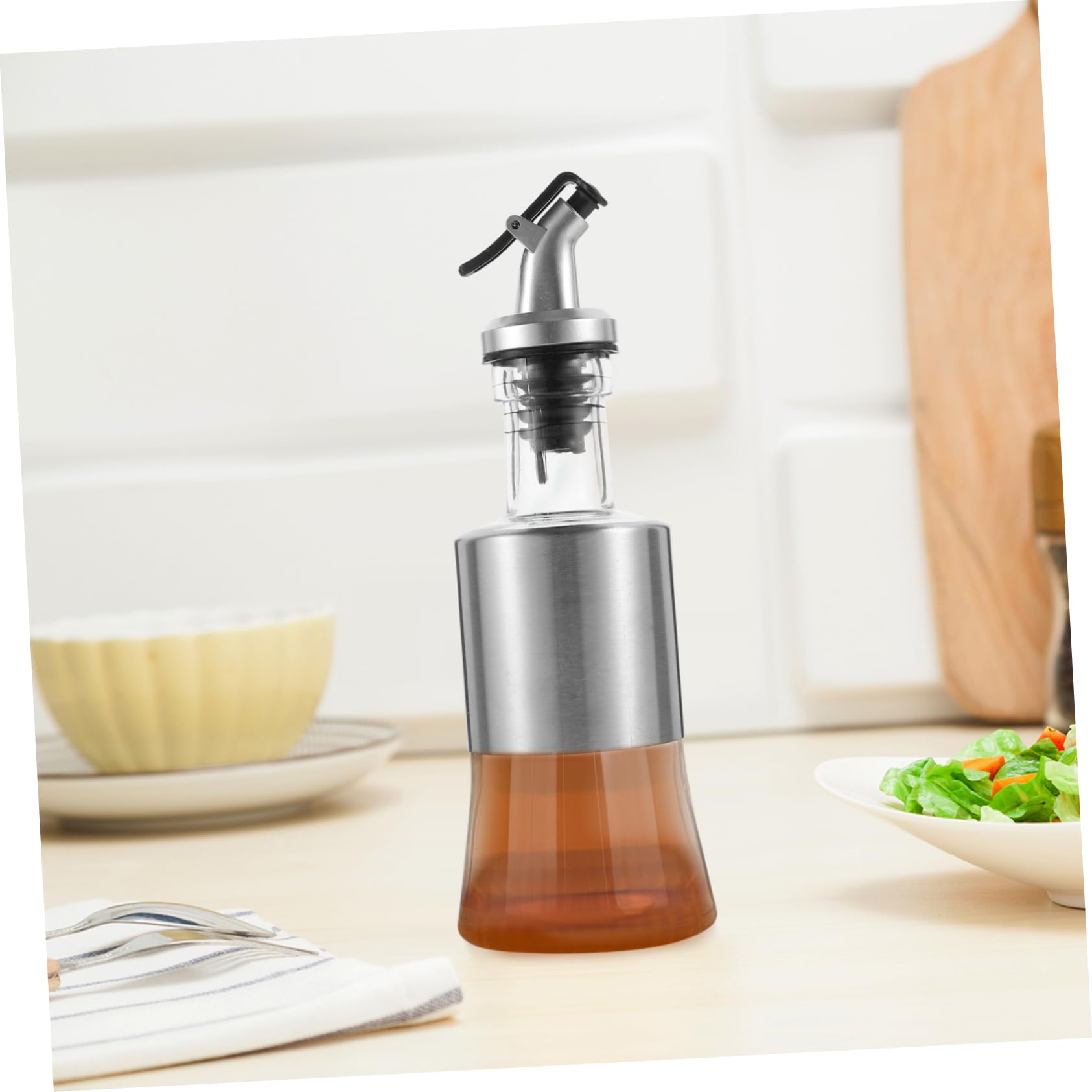 Bouteille Huile/vinaigre En Verre 200 Ml Avec Bouchon Verseur - Acier Inox, 6.5x6.5x12.5 Cm, Versement Précis Anti-gouttes - 6