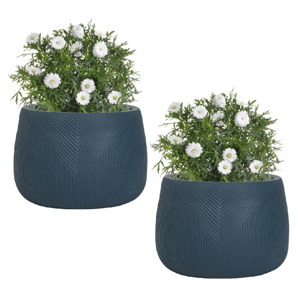 Dibor Fibre Clay Plant Pots Set of 2 Outdoor Modern Rippled Finish Flower Planters Patio Doorstep Porch Tree Shrub Topiary Bush Entryway Dark Blue Small