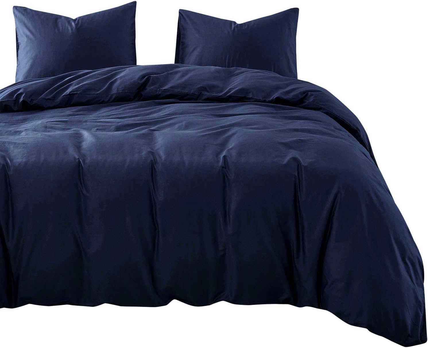 Wake In Cloud - Navy Blue Cotton Duvet Cover Set, 100% Cotton Bedding, Simple Modern Soft Solid Plain Color, Zipper Closure and Corner Ties (3pcs, King Size)