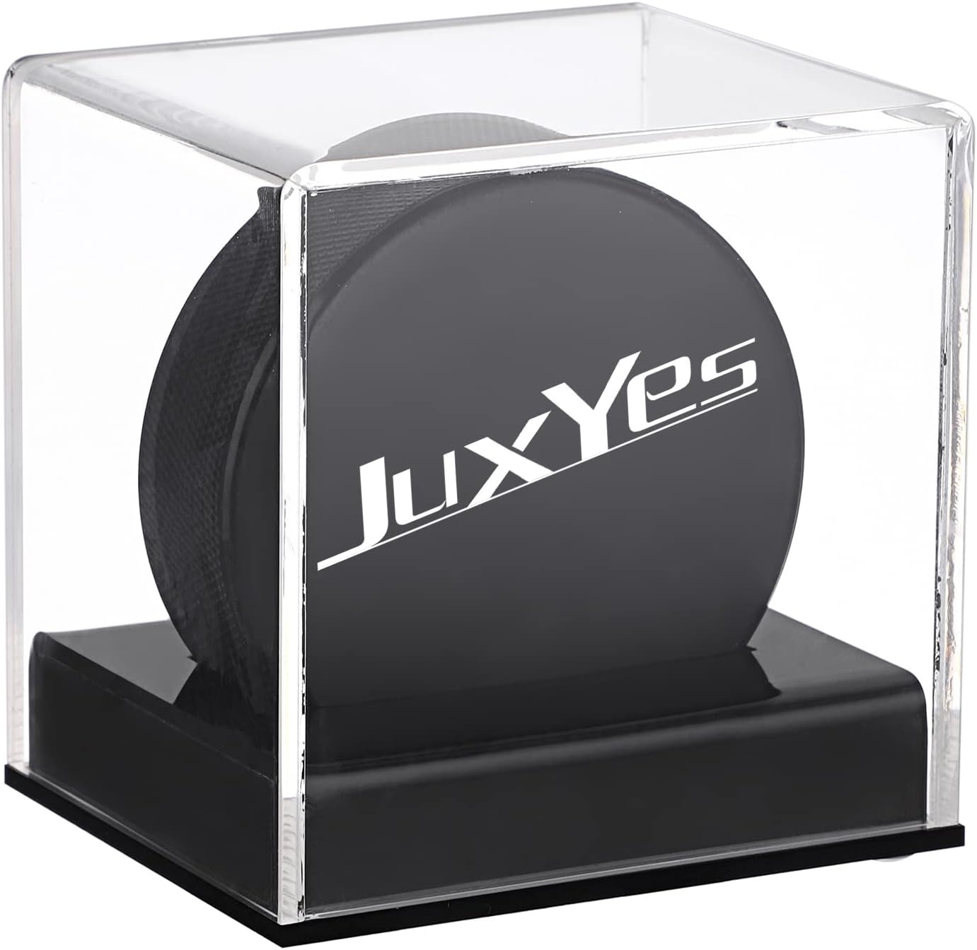 JUXYES Clear Acrylic Hockey Puck Display Case with Black Base, Stackable Hockey Puck
