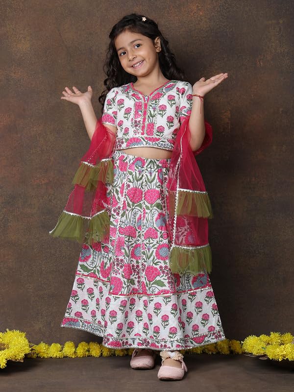 Image of superminis Girls Cotton Floral Printed Gotta Work 3 /4 Sleeves Flared Design Kurti & Sharara Set