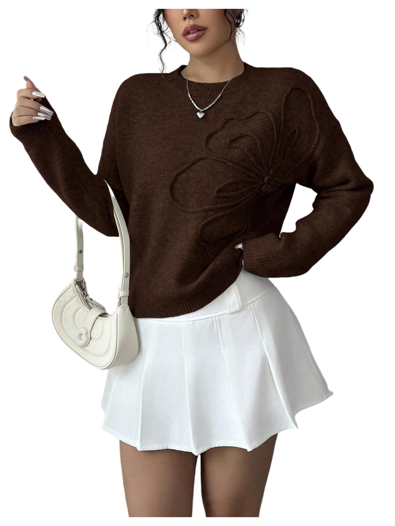 RoseSeek Women's 3D Floral Appliques Sweaters Long Sleeve Knit Tops