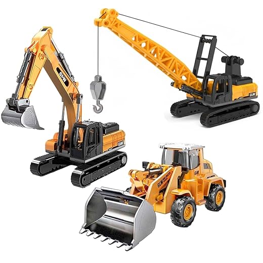 Kit 3 Miniaturas Escavadeira Guindaste Pá Carregadeira Partes de Metal