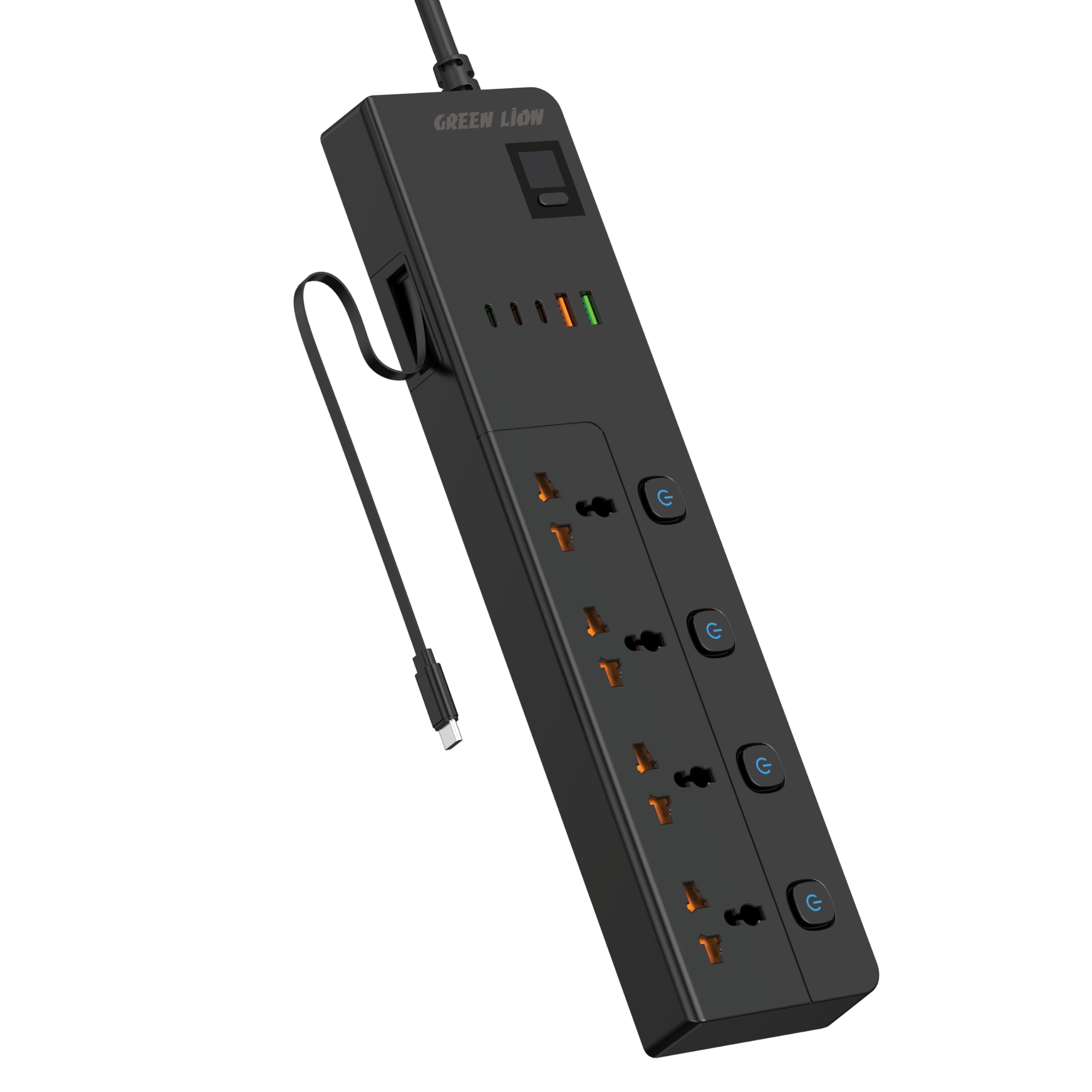 Green Lion Power Socket, 3500W Rated Power, Retractable USB Cable, 4 Universal Socket, PD 35W Charging, Individual Buttons, Over Voltage Protection, Timer, QC 3.0 Charging (Black, GS-800, 2m Cable) Black GS-800