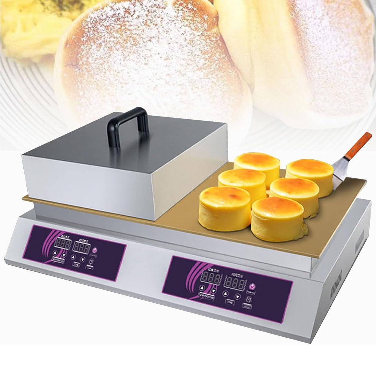Commercial Pancake Maker, 60-240? Poffertjes Maker Machine Non-stick Souffle Maker Machine, with 8mm Copper Heating Plate and Temperature/Time Control,Doublehead