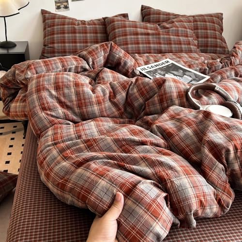 Image of PinkMemory Caramel Blue Gingham Duvet Cover Queen 100% Washed Cotton Buffalo Plaid Bedding Set 3pcs Grid Checkered Duvet Cover Set Full with Zipper Closure Ultra Soft Breathable