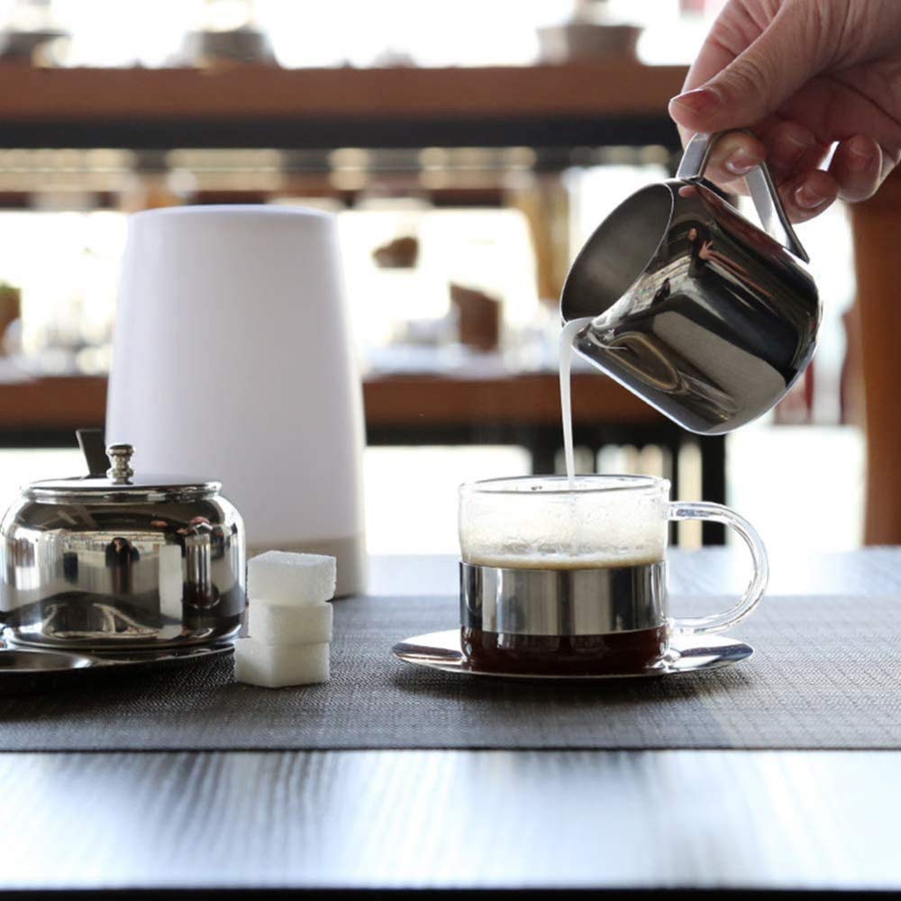 Azucarero de acero inoxidable con juego de leche y azúcar, tarro de azúcar pequeño con cuchara para el hogar, la cocina, el hotel y las cafeterías, 3 partes, plateado