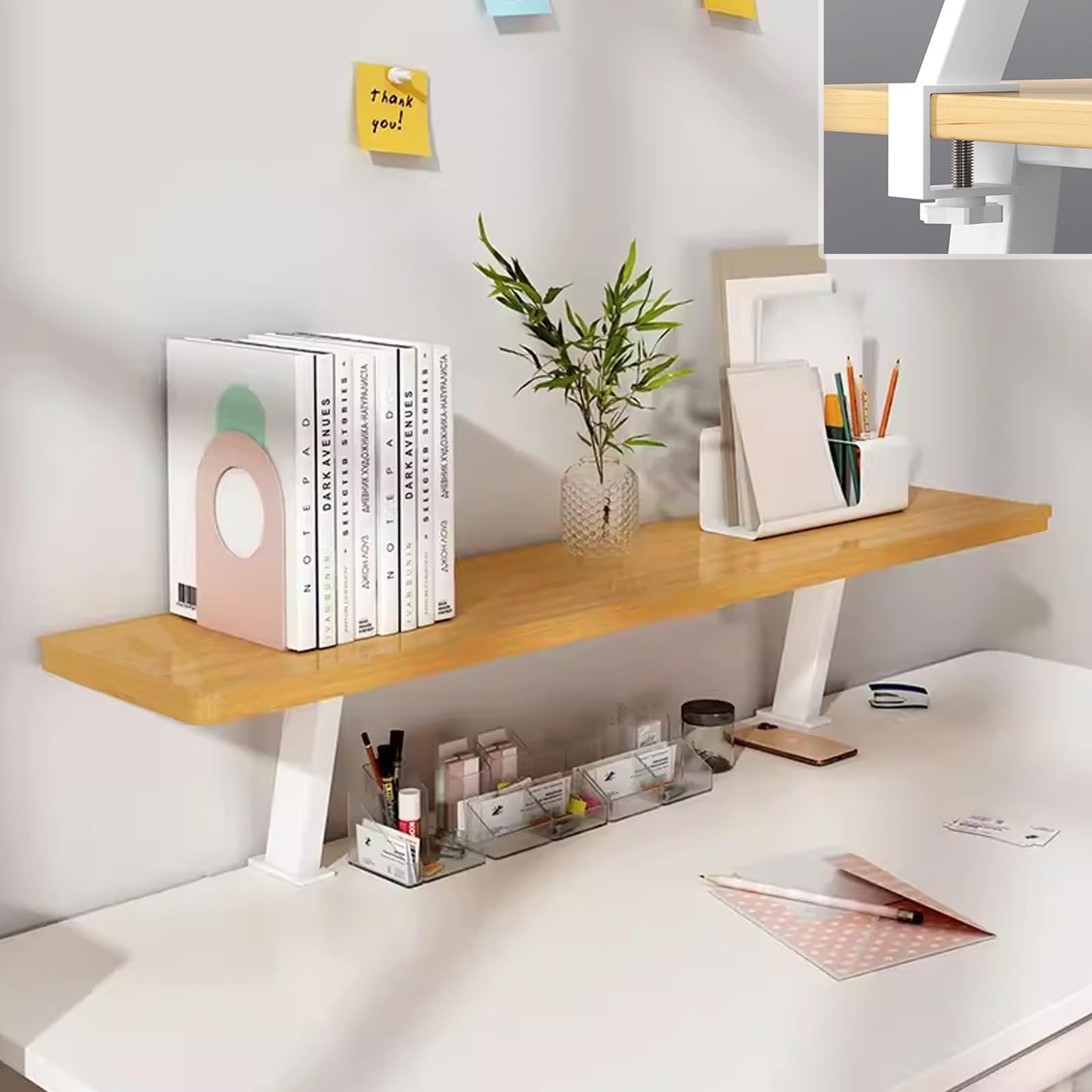 Desk Organizer Shelf for Clamping on Desk Elevated Workstation Platform for Table Accessories Large Size 120cm Natural Color Multifunctional Storage Rack for Office Supplies